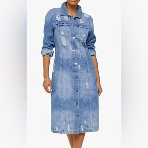 Long light blue denim jacket.